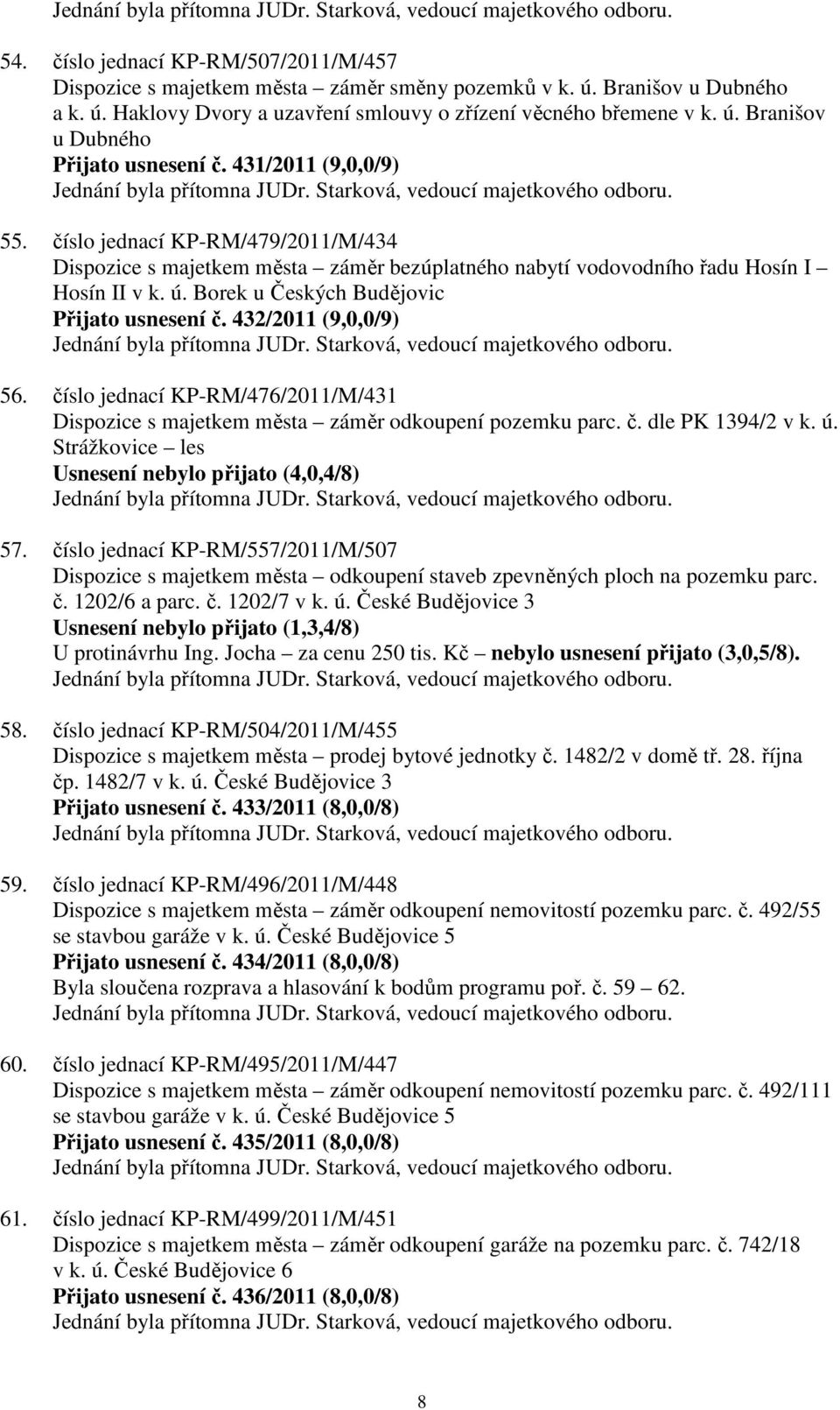 432/2011 (9,0,0/9) 56. číslo jednací KP-RM/476/2011/M/431 Dispozice s majetkem města záměr odkoupení pozemku parc. č. dle PK 1394/2 v k. ú. Strážkovice les Usnesení nebylo přijato (4,0,4/8) 57.