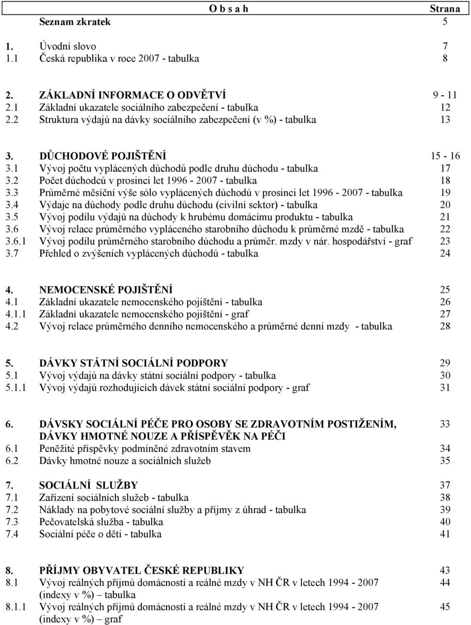 2 Počet důchodců v prosinci let 1996-2007 - tabulka 18 3.3 Průměrné měsíční výše sólo vyplácených důchodů v prosinci let 1996-2007 - tabulka 19 3.