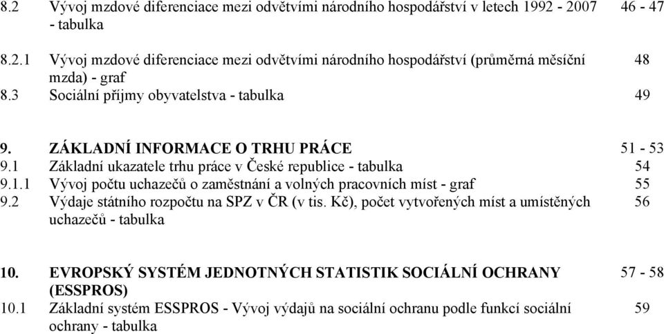 2 Výdaje státního rozpočtu na SPZ v ČR (v tis. Kč), počet vytvořených míst a umístěných uchazečů - tabulka 56 10. EVROPSKÝ SYSTÉM JEDNOTNÝCH STATISTIK SOCIÁLNÍ OCHRANY (ESSPROS) 10.