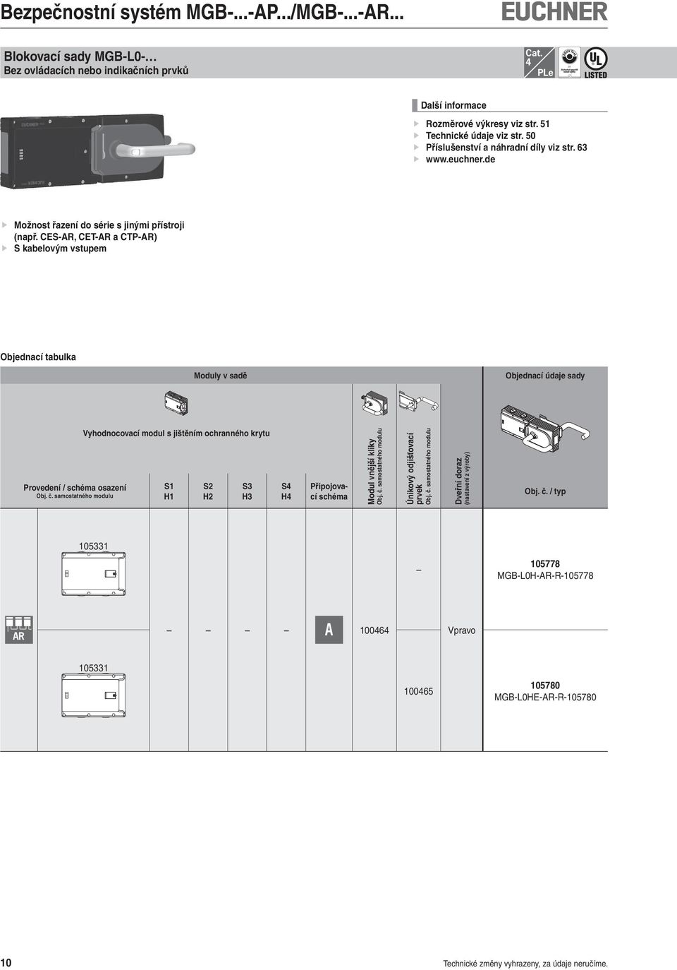 CES-AR, CET-AR a CTP-AR) S kabelovým vstupem Objednací tabulka Moduly v sadě Objednací údaje sady Provedení / schéma osazení Vyhodnocovací modul s jištěním