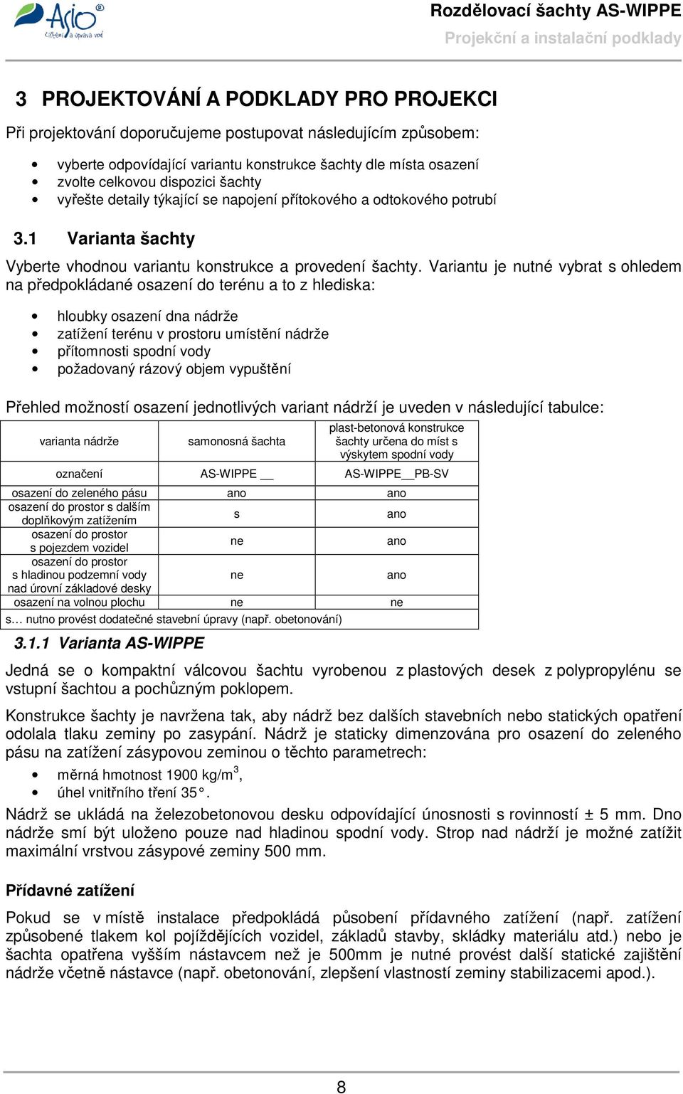 Variantu je nutné vybrat s ohledem na předpokládané osazení do terénu a to z hlediska: hloubky osazení dna nádrže zatížení terénu v prostoru umístění nádrže přítomnosti spodní vody požadovaný rázový