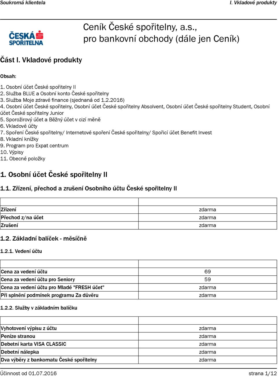 Sporožirový účet a Běžný účet v cizí měně 6. Vkladové účty 7. Spoření České spořitelny/ Internetové spoření České spořitelny/ Spořicí účet Benefit Invest 8. Vkladní knížky 9.