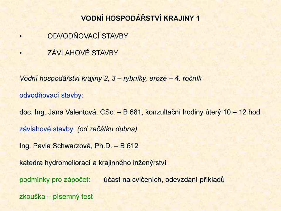 B 681, konzultační hodiny úterý 10 12 hod. závlahové stavby: (od začátku dubna) Ing.