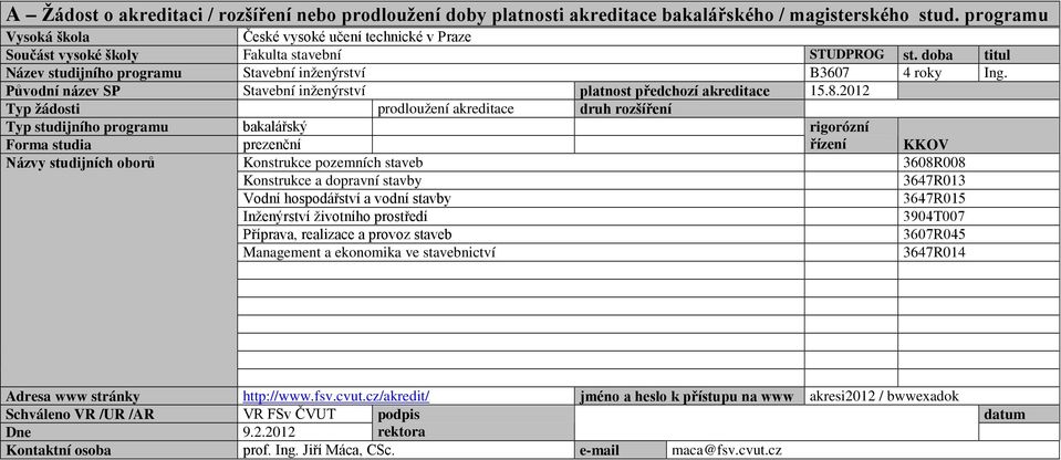 Původní název SP Stavební inženýrství platnost předchozí akreditace 15.8.