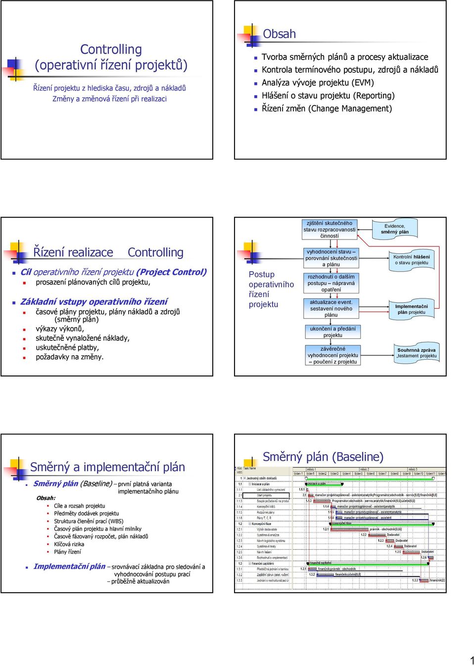 operativního řízení projektu (Project Control) prosazení plánovaných cílů projektu, Základní vstupy operativního řízení časové plány projektu, plány nákladů a zdrojů (směrný plán) výkazy výkonů,