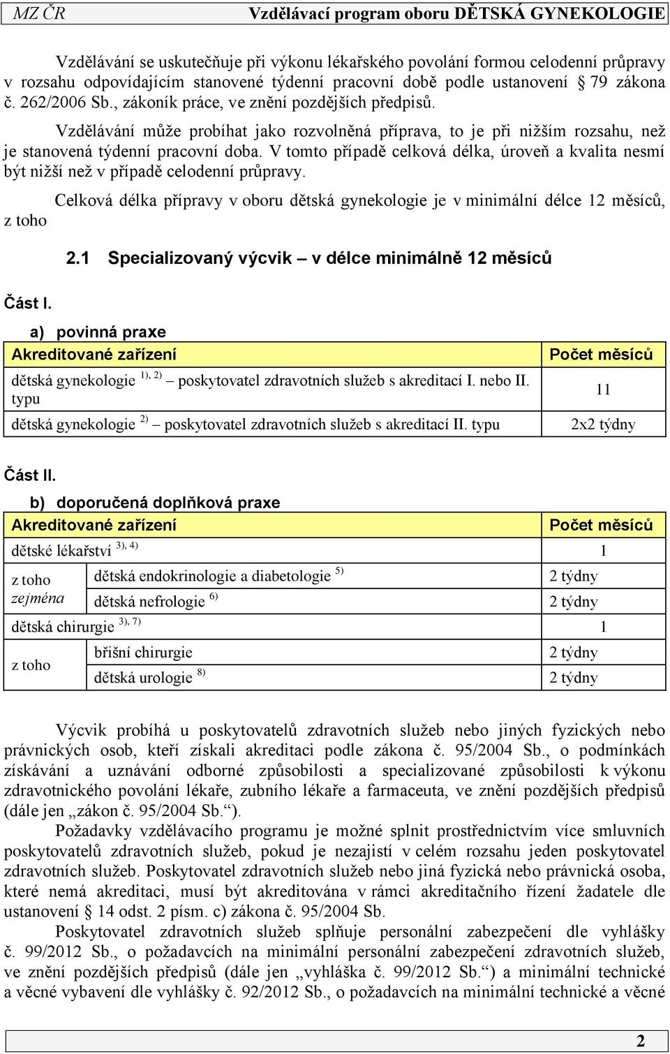 V tomto případě celková délka, úroveň a kvalita nesmí být nižší než v případě celodenní průpravy. z toho Celková délka přípravy v oboru dětská gynekologie je v minimální délce 2 měsíců, 2.