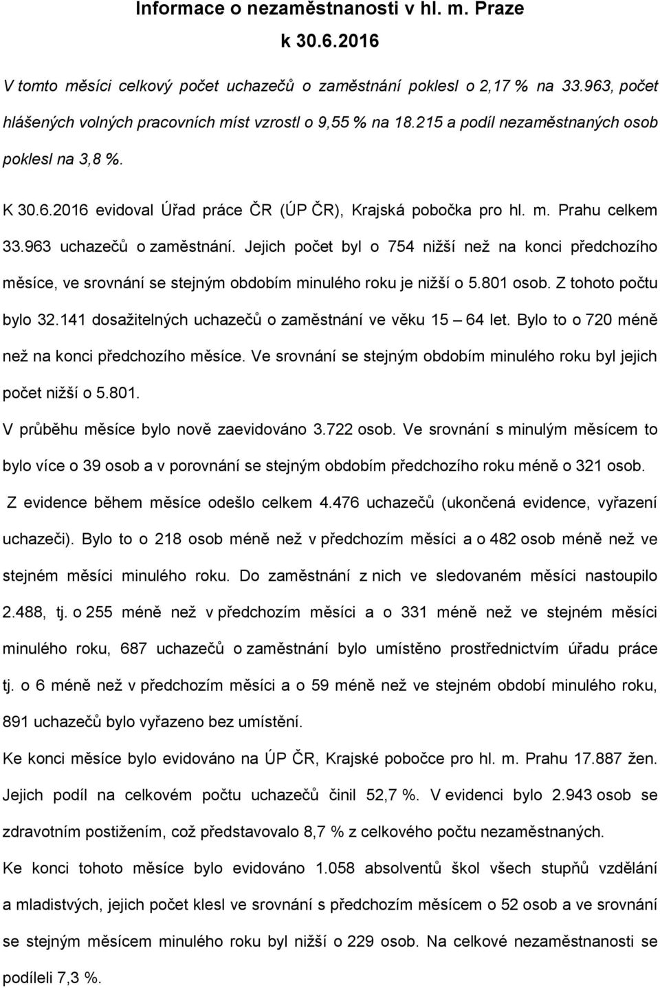 Jejich počet byl o 754 nižší než na konci předchozího měsíce, ve srovnání se stejným obdobím minulého roku je nižší o 5.801 osob. Z tohoto počtu bylo 32.