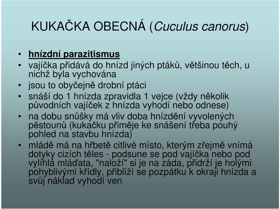 pěstounů (kukačku přiměje ke snášení třeba pouhý pohled na stavbu hnízda) mládě má na hřbetě citlivé místo, kterým zřejmě vnímá dotyky cizích těles -