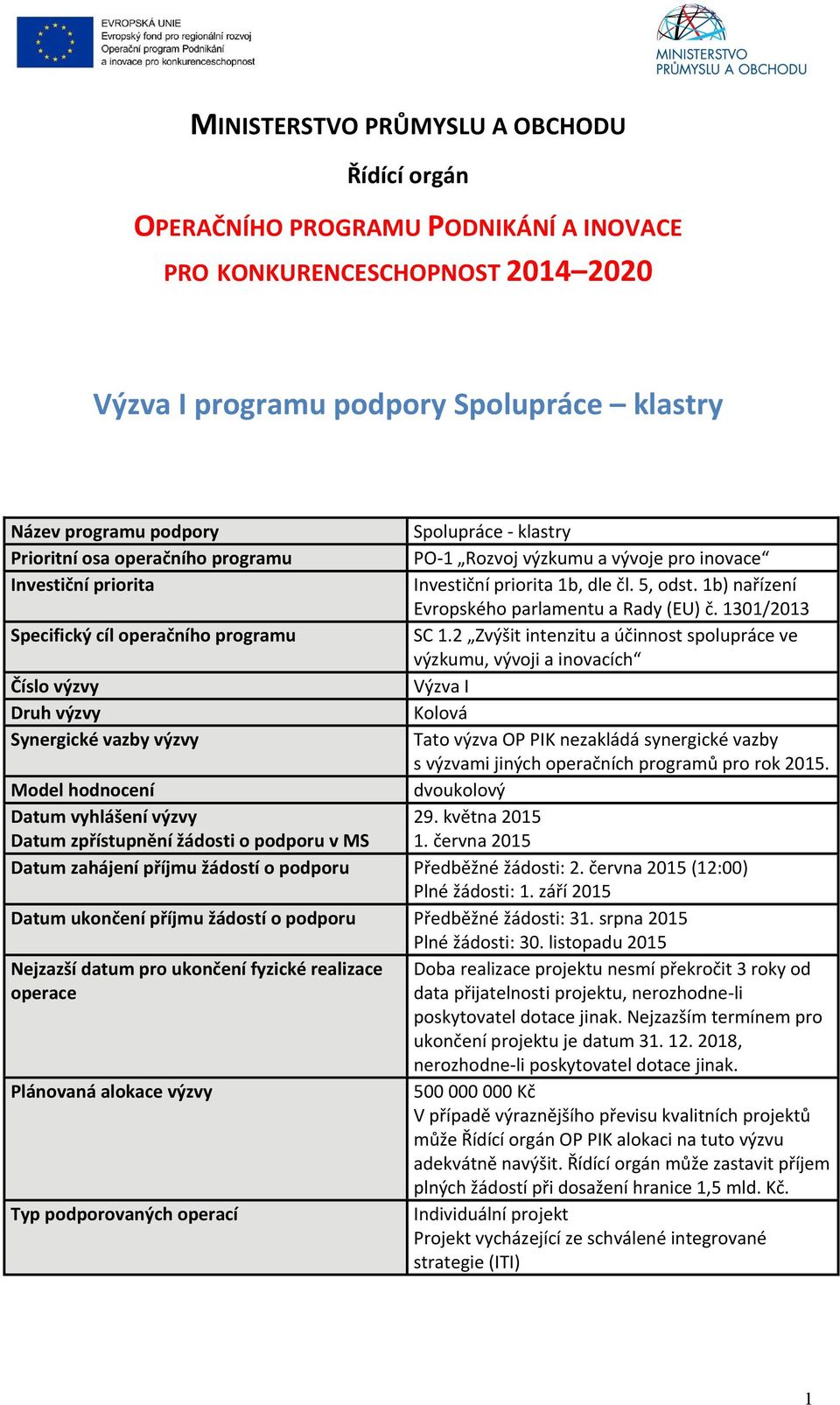 1301/2013 Specifický cíl operačního programu SC 1.