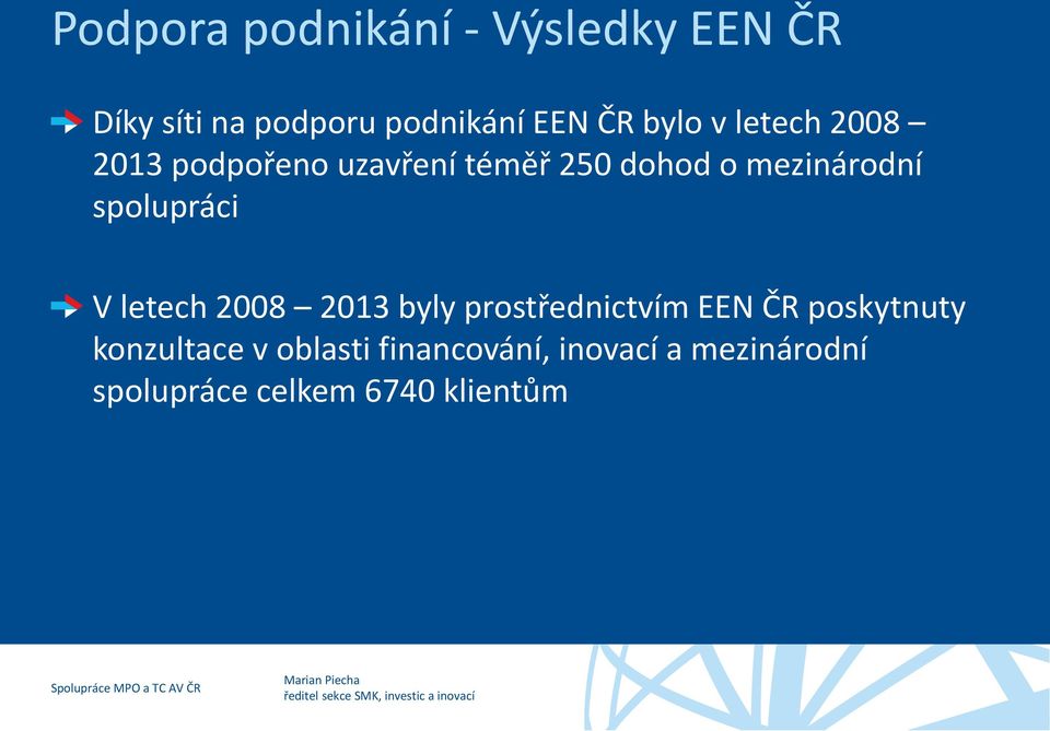 spolupráci V letech 2008 2013 byly prostřednictvím EEN ČR poskytnuty