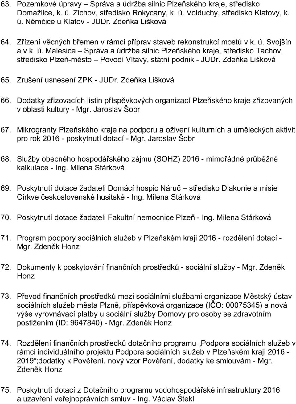 Svojšín a v k. ú. Malesice Správa a údržba silnic Plzeňského kraje, středisko Tachov, středisko Plzeň-město Povodí Vltavy, státní podnik - JUDr. Zdeňka Lišková 65. Zrušení usnesení ZPK - JUDr.