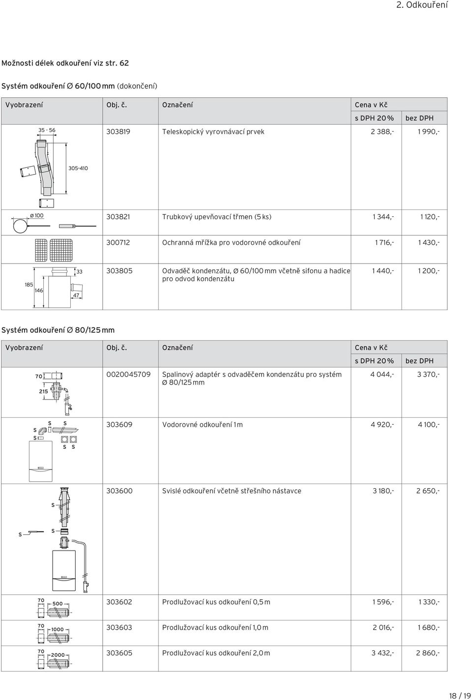 430,- 303805 Odvaděč kondenzátu, Ø 60/100 mm včetně sifonu a hadice pro odvod kondenzátu 1 440,- 1 200,- Systém odkouření Ø 80/125 mm Vyobrazení Obj. č.