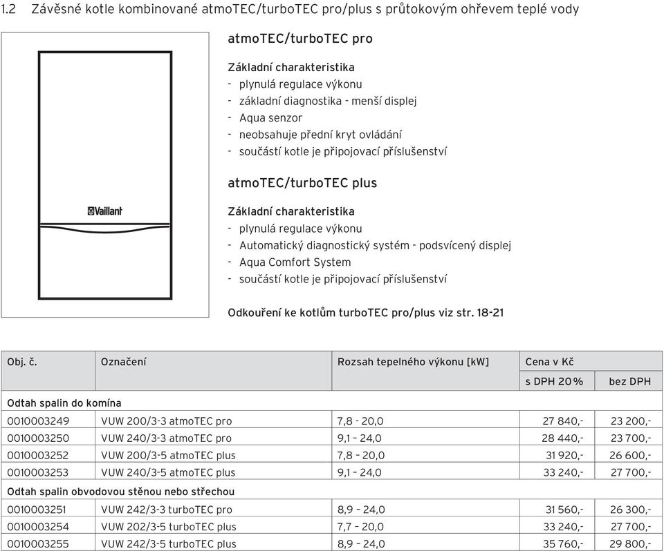 systém - podsvícený displej - Aqua Comfort System - součástí kotle je připojovací příslušenství Odkouření ke kotlům turbotec pro/plus viz str. 18-21 Obj. č.