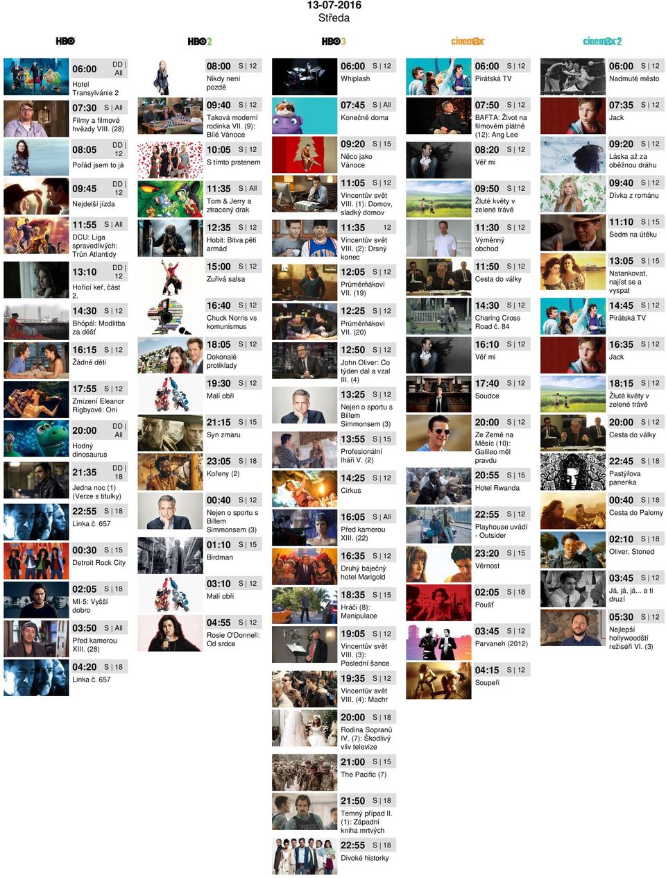 14:30 Bhópál: Modlitba za déšť 16: Zmizení Eleanor Rigbyové: Oni Hodný dinosaurus 18 Jedna noc (1) 22:55 Linka č. 657 00:30 Detroit Rock City 02:05 MI-5: Vyšší dobro 03:50 Před kamerou XIII.