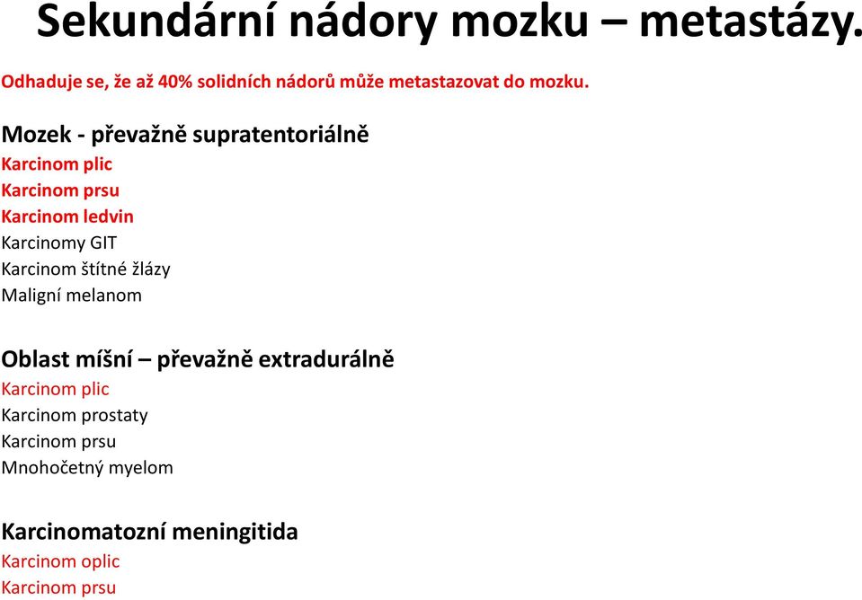 Mozek - převažně supratentoriálně Karcinom plic Karcinom prsu Karcinom ledvin Karcinomy GIT