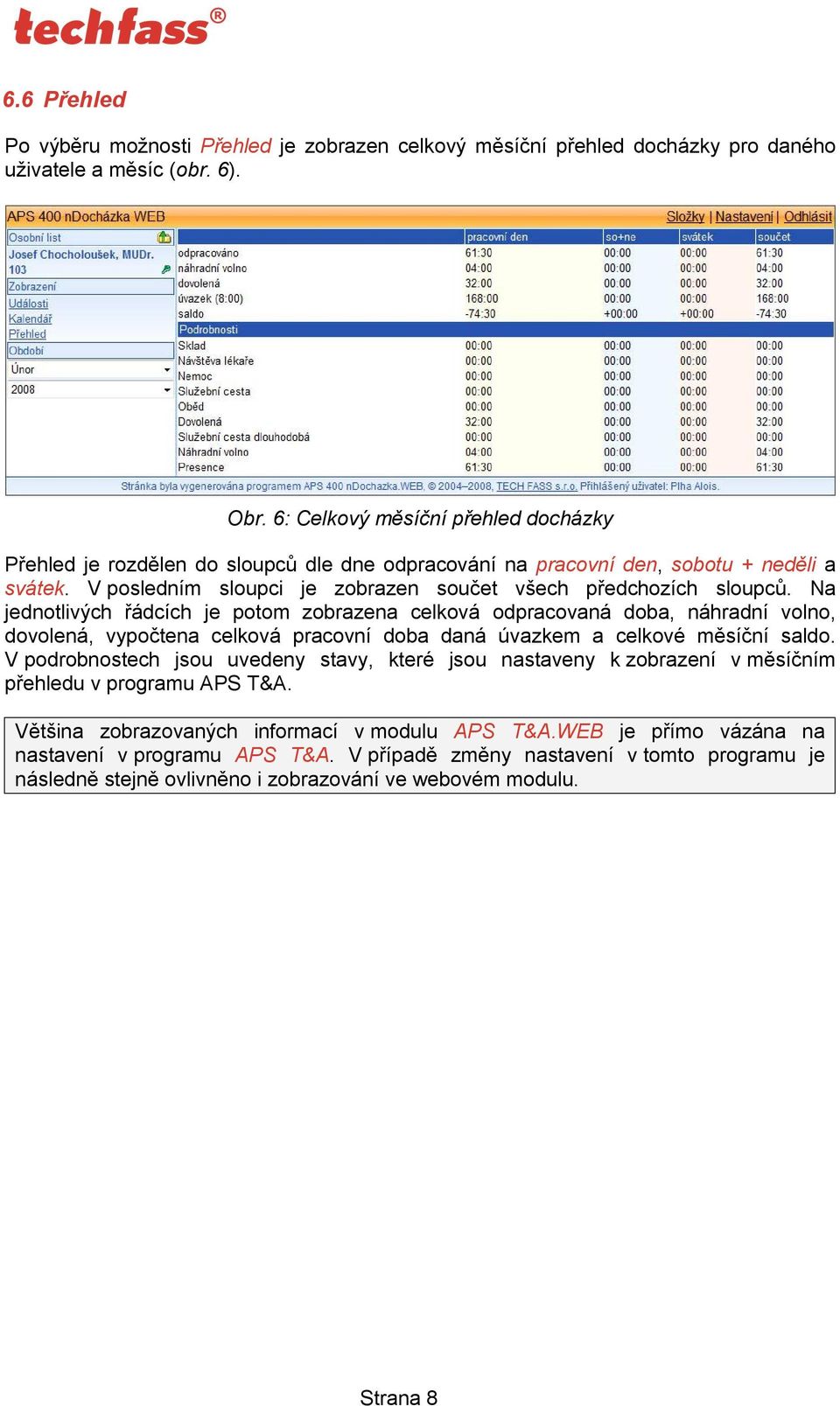 Na jednotlivých řádcích je potom zobrazena celková odpracovaná doba, náhradní volno, dovolená, vypočtena celková pracovní doba daná úvazkem a celkové měsíční saldo.