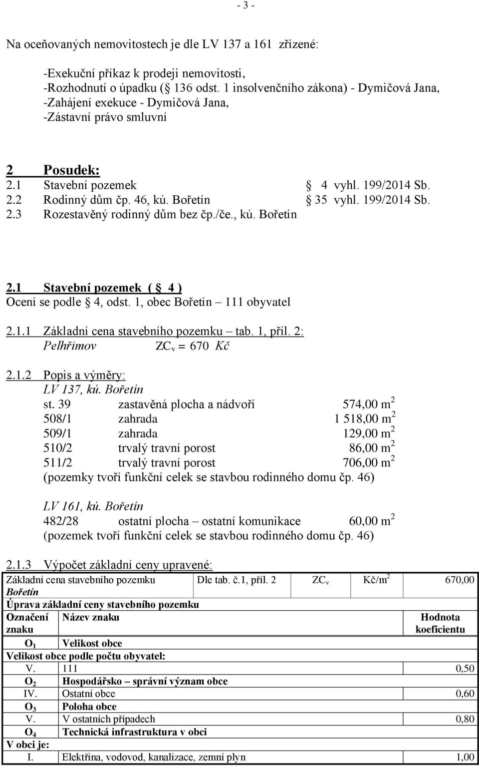 199/2014 Sb. 2.3 Rozestavěný rodinný dům bez čp./če., kú. Bořetín 2.1 Stavební pozemek ( 4 ) Ocení se podle 4, odst. 1, obec Bořetín 111 obyvatel 2.1.1 Základní cena stavebního pozemku tab. 1, příl.