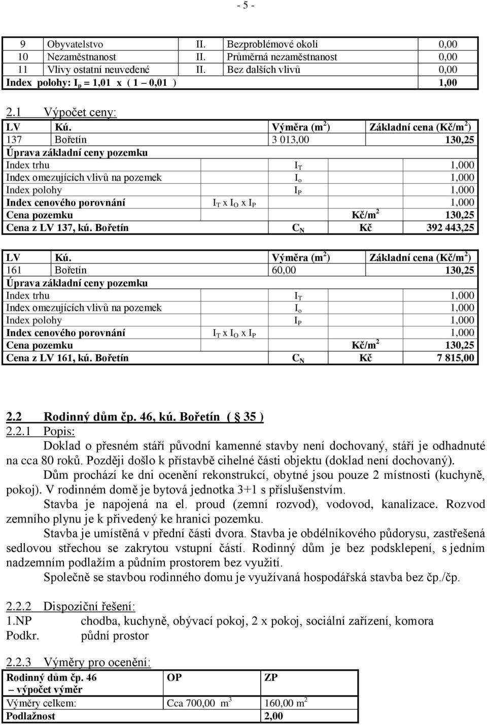 Výměra (m 2 ) Základní cena (Kč/m 2 ) 137 Bořetín 3 013,00 130,25 Úprava základní ceny pozemku Index trhu I T 1,000 Index omezujících vlivů na pozemek I o 1,000 Index polohy I P 1,000 Index cenového