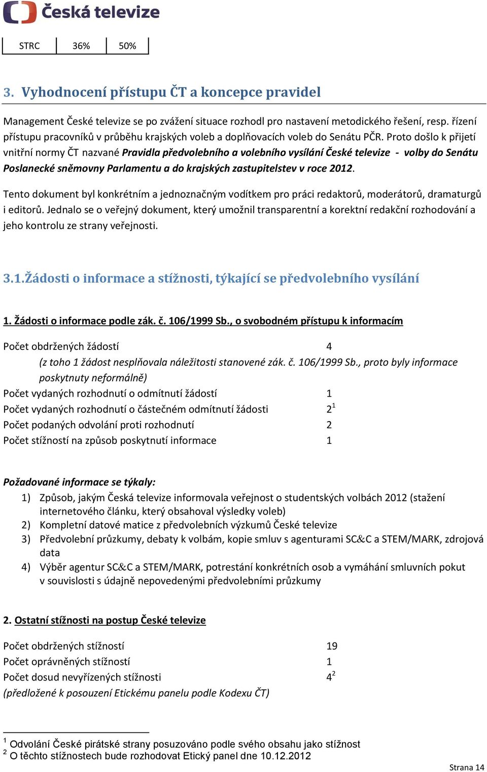 Proto došlo k přijetí vnitřní normy ČT nazvané Pravidla předvolebního a volebního vysílání České televize - volby do Senátu Poslanecké sněmovny Parlamentu a do krajských zastupitelstev v roce 2012.