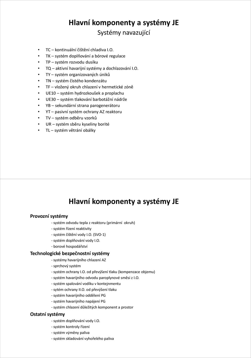 TY systém organizovaných úniků TN systém čistého kondenzátu TF vložený okruh chlazení v hermetické zóně UE10 systém hydrozkoušek a proplachu UE30 systém tlakování barbotážní nádrže YB sekundární