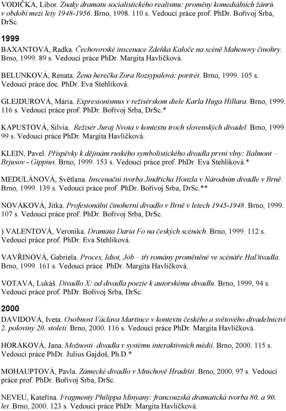 Vedoucí práce doc. PhDr. Eva Stehlíková. GLEJDUROVÁ, Mária. Expresionismus v režisérskom diele Karla Huga Hillara. Brno, 1999. 116 s. Vedoucí práce prof. PhDr. Bořivoj Srba, DrSc.* KAPUSTOVÁ, Silvia.