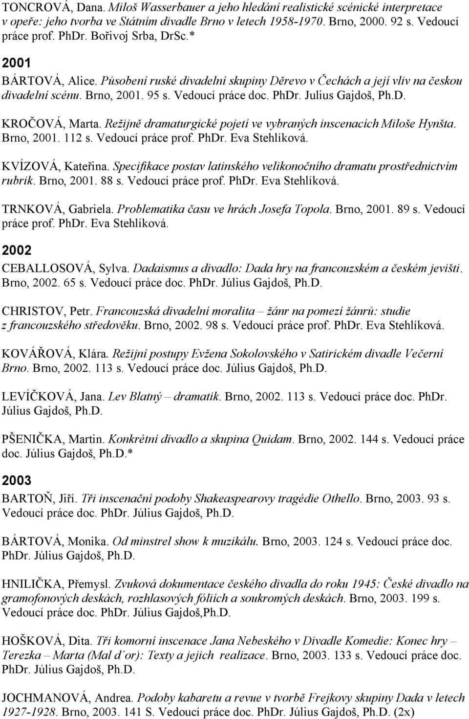 Režijně dramaturgické pojetí ve vybraných inscenacích Miloše Hynšta. Brno, 2001. 112 s. Vedoucí práce prof. PhDr. Eva Stehlíková. KVÍZOVÁ, Kateřina.