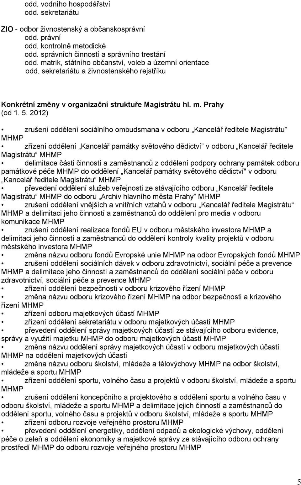 2012) zrušení oddělení sociálního ombudsmana v odboru Kancelář ředitele Magistrátu MHMP zřízení oddělení Kancelář památky světového dědictví v odboru Kancelář ředitele Magistrátu MHMP delimitace