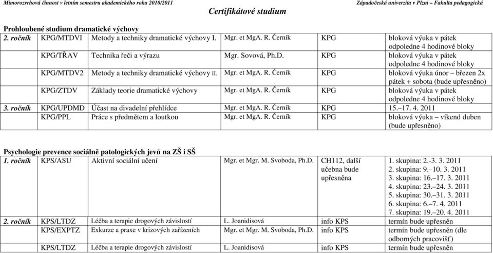 Černík KPG bloková výuka únor březen 2x pátek + sobota (bude upřesněno) KPG/ZTDV Základy teorie dramatické výchovy Mgr. et MgA. R. Černík KPG bloková výuka v pátek 3.