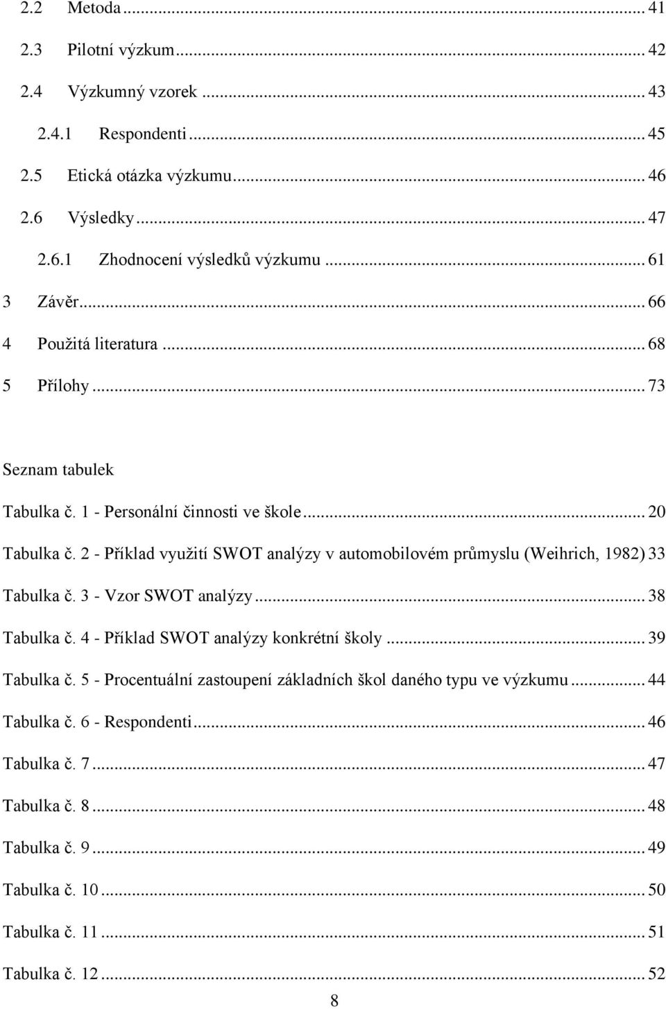 2 - Příklad využití SWOT analýzy v automobilovém průmyslu (Weihrich, 1982) 33 Tabulka č. 3 - Vzor SWOT analýzy... 38 Tabulka č. 4 - Příklad SWOT analýzy konkrétní školy.