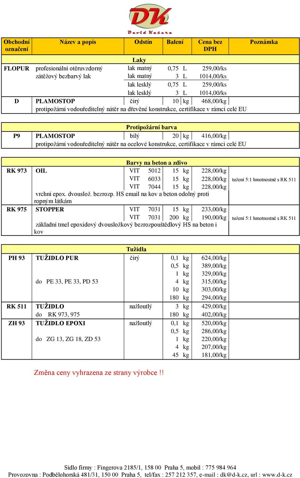 416,00/kg protipožární vodouředitelný nátěr na ocelové konstrukce, certifikace v rámci celé EU Barvy na beton a zdivo RK 973 OIL VIT 5012 15 kg 228,00/kg VIT 6033 15 kg 228,00/kg tužení 5:1