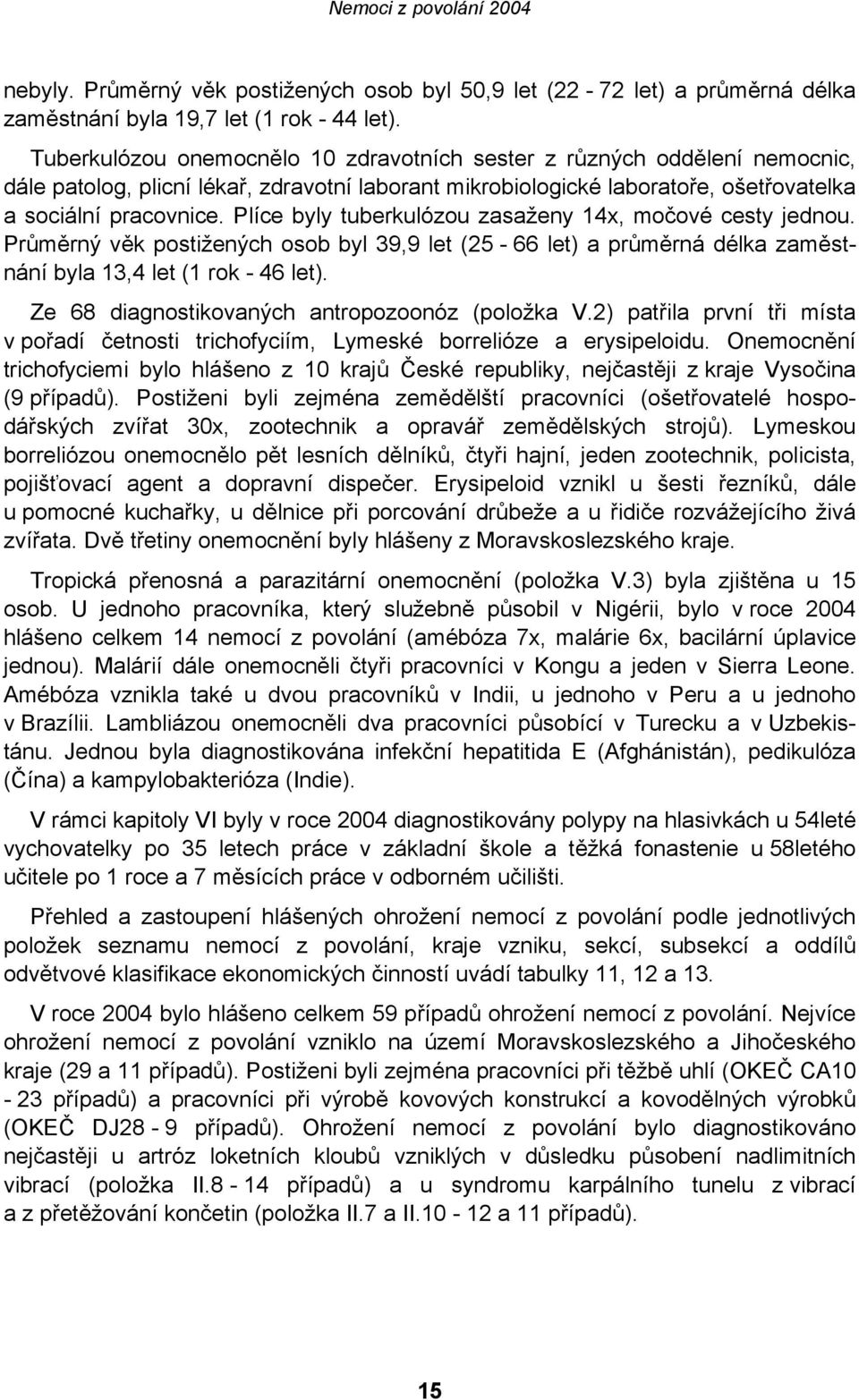 Plíce byly tuberkulózou zasaženy 14x, močové cesty jednou. Průměrný věk postižených osob byl 39,9 let (25-66 let) a průměrná délka zaměstnání byla 13,4 let (1 rok - 46 let).