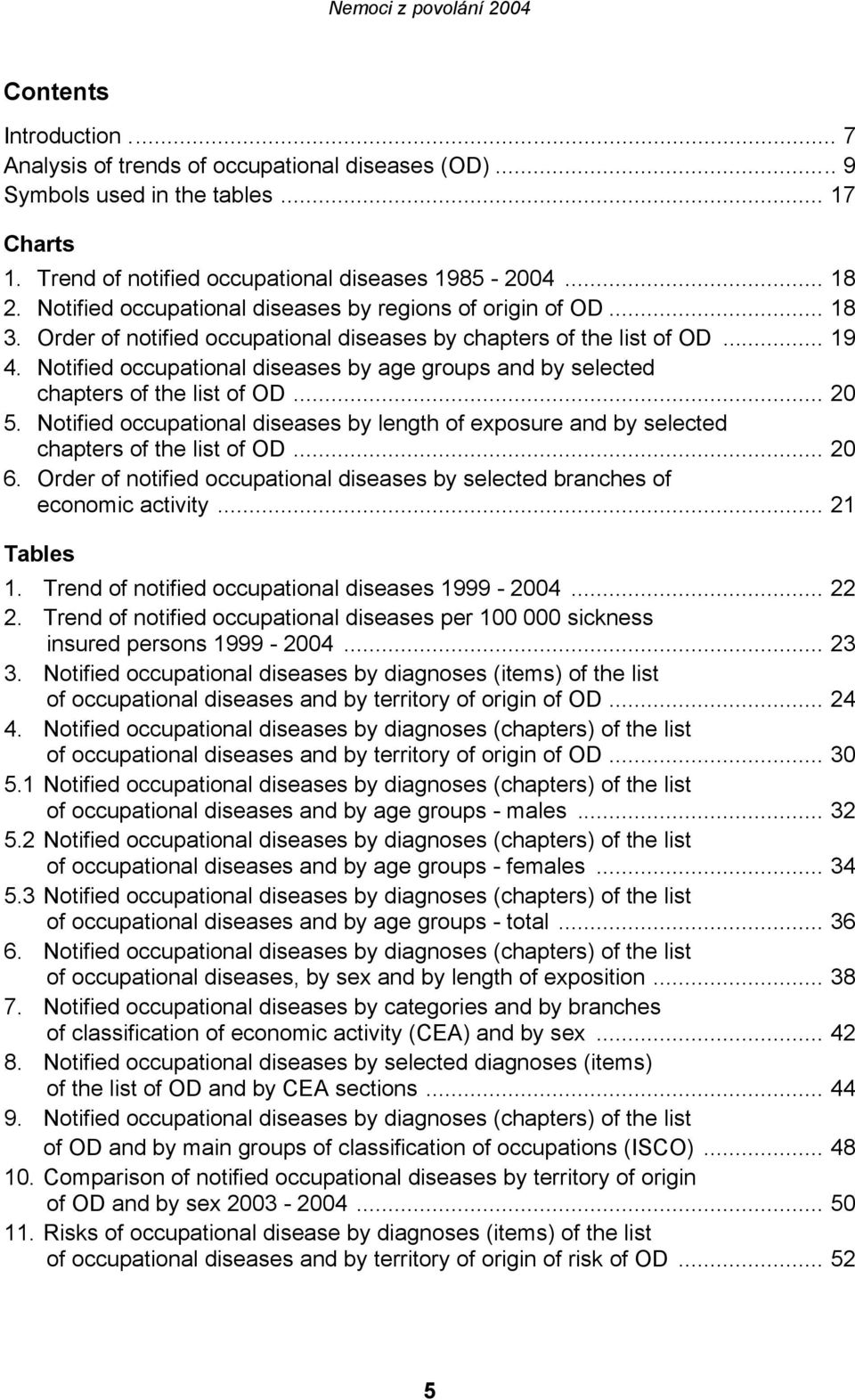 Notified occupational diseases by age groups and by selected chapters of the list of OD... 20 5. Notified occupational diseases by length of exposure and by selected chapters of the list of OD... 20 6.