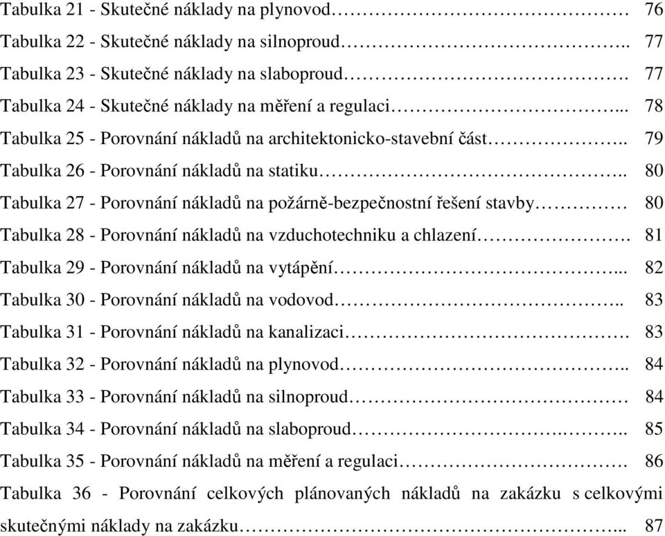 . 80 Tabulka 27 - Porovnání nákladů na požárně-bezpečnostní řešení stavby 80 Tabulka 28 - Porovnání nákladů na vzduchotechniku a chlazení. 81 Tabulka 29 - Porovnání nákladů na vytápění.