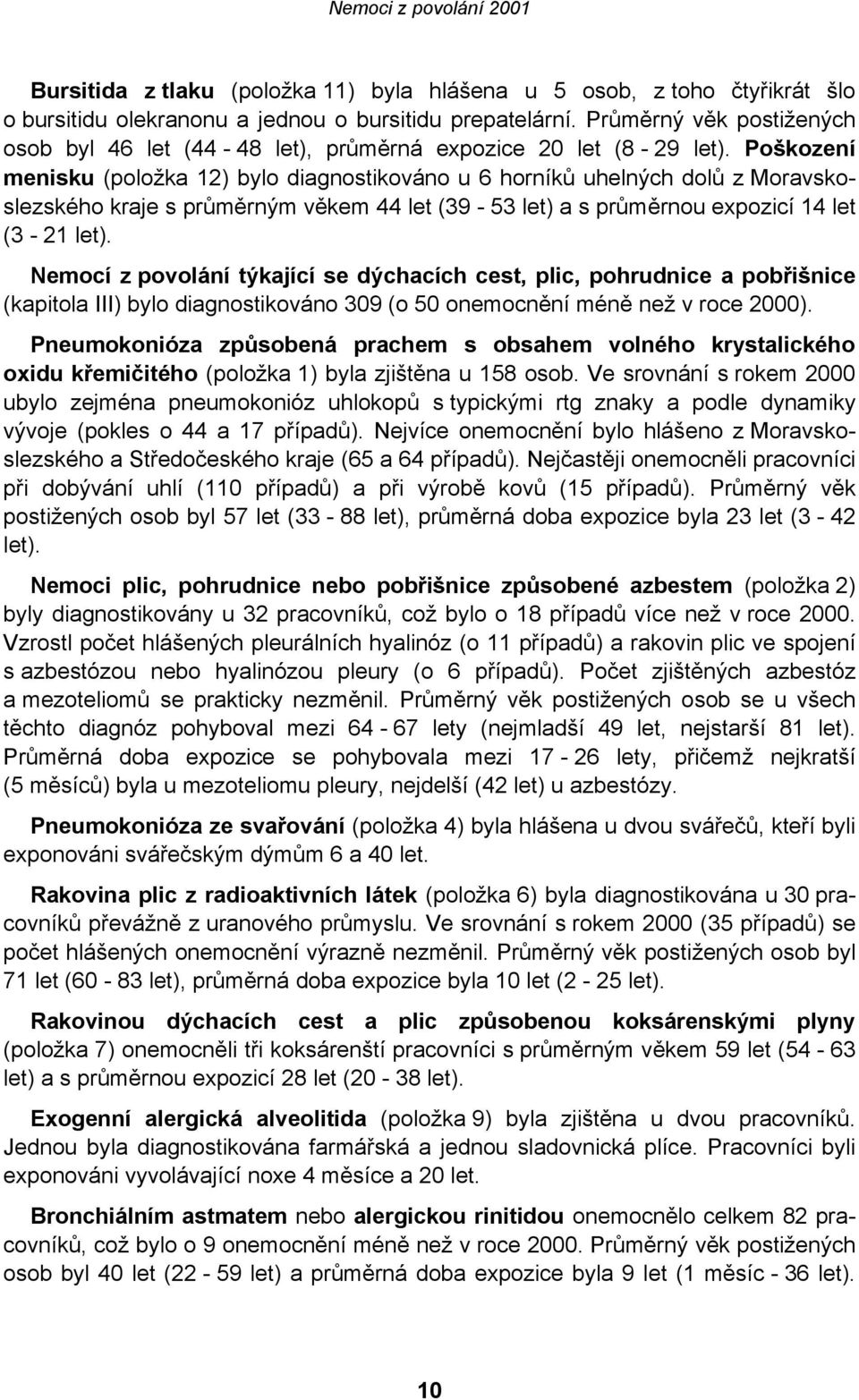 Poškození menisku (položka 12) bylo diagnostikováno u 6 horníků uhelných dolů z Moravskoslezského kraje s průměrným věkem 44 let (39-53 let) a s průměrnou expozicí 14 let (3-21 let).