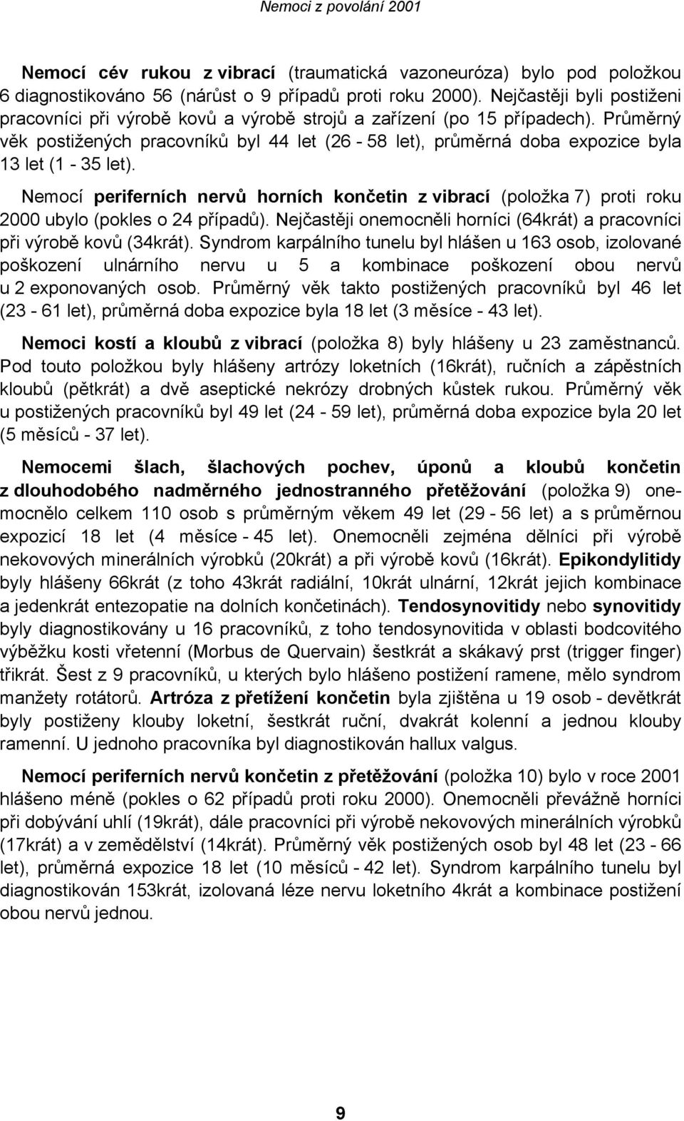 Průměrný věk postižených pracovníků byl 44 let (26-58 let), průměrná doba expozice byla 13 let (1-35 let).