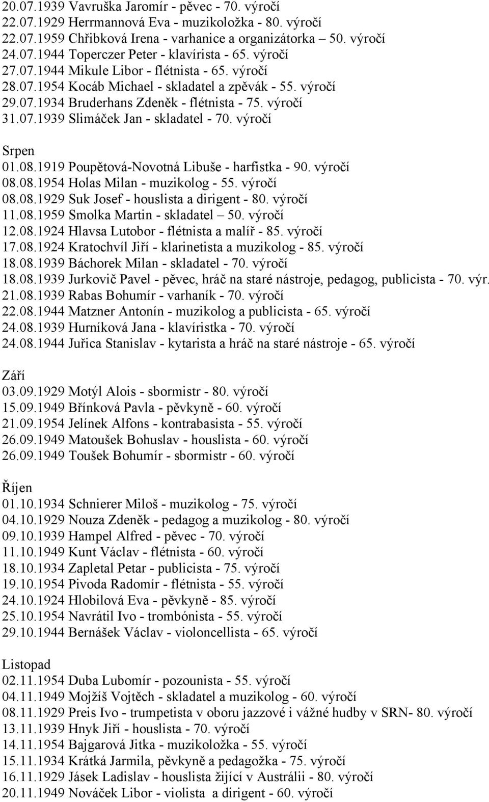 výročí 01.08.1919 Poupětová-Novotná Libuše - harfistka - 90. výročí 08.08.1954 Holas Milan - muzikolog - 55. výročí 08.08.1929 Suk Josef - houslista a dirigent - 80. výročí 11.08.1959 Smolka Martin - skladatel 50.