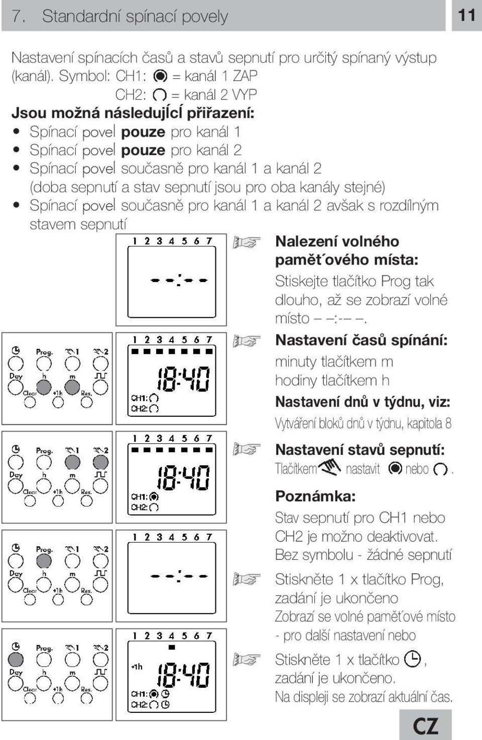 sepnutí a stav sepnutí jsou pro oba kanály stejné) Spínací povel současně pro kanál 1 a kanál 2 avšak s rozdílným stavem sepnutí Nalezení volného pamět ového místa: Stiskejte tlačítko Prog tak