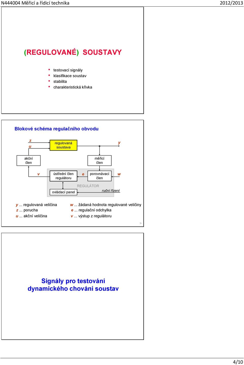 člen w ovládací panel REGULÁTOR ruční řízení y... regulovaná veličina z... porucha u... ační veličina w.