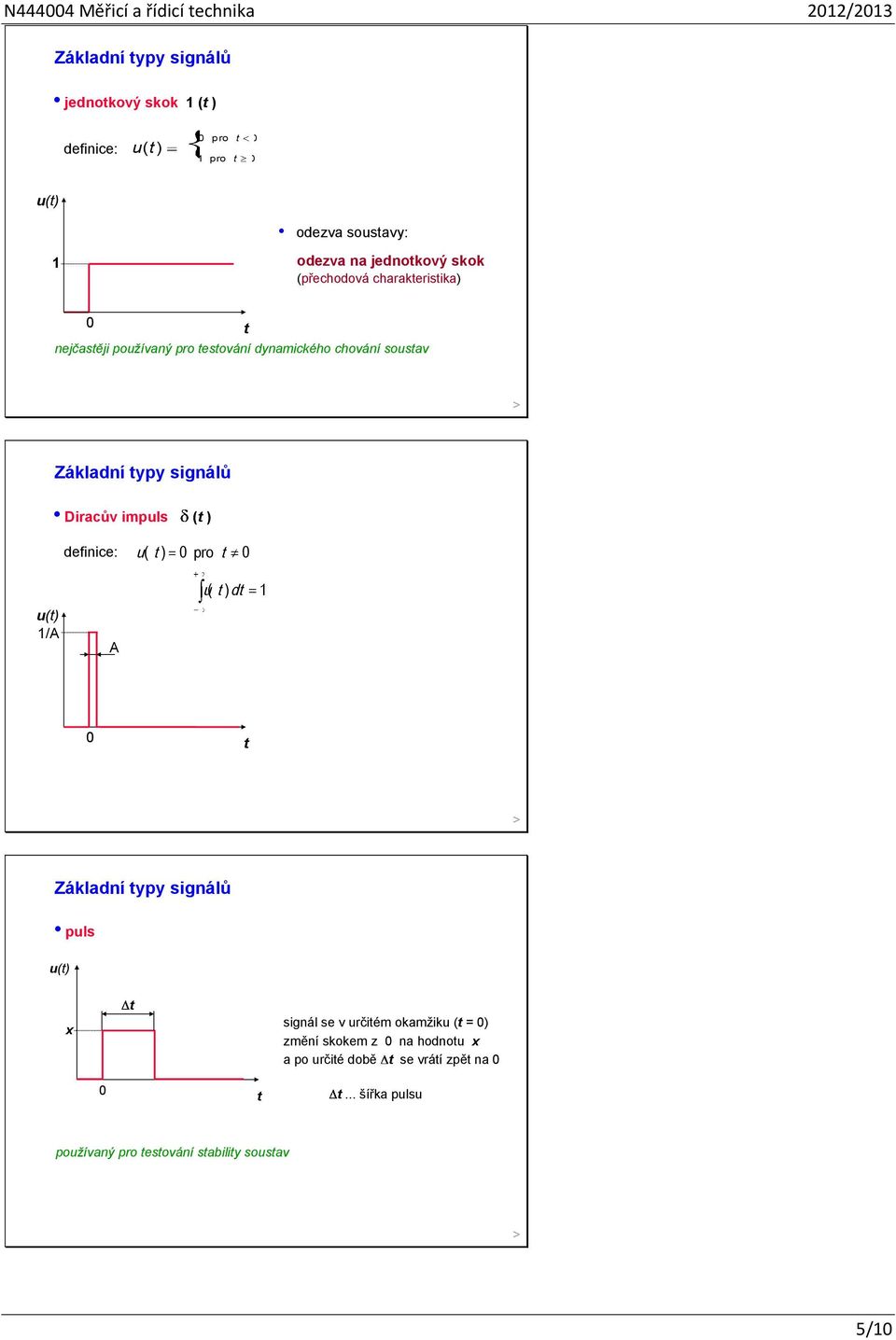 signálů Diracův impuls ( ) definice: u( ) pro ( u ) d 1 u() 1/A A Záladní ypy signálů puls u() x signál se v určiém