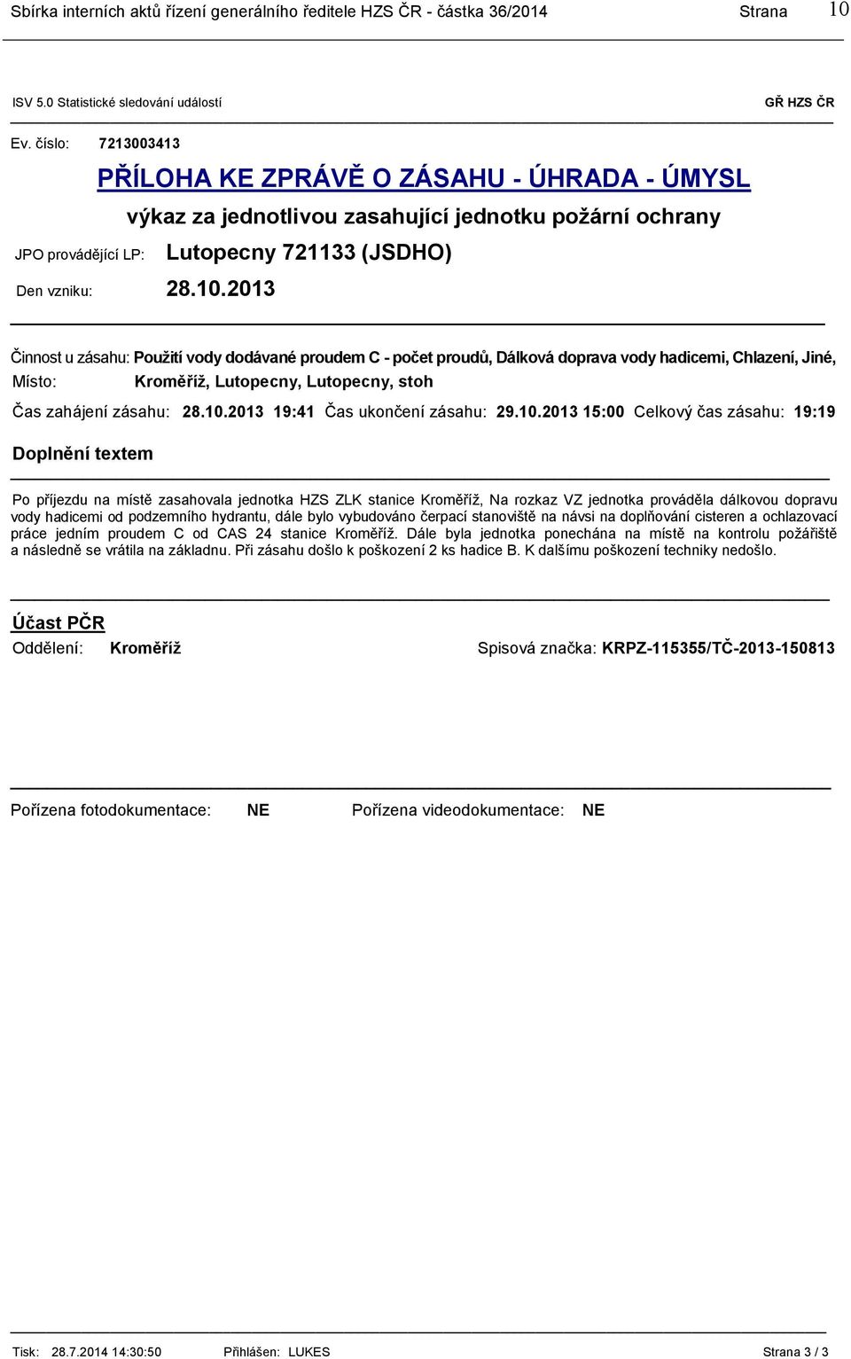 2013 Činnost u zásahu: Použití vody dodávané proudem C - počet proudů, Dálková doprava vody hadicemi, Chlazení, Jiné, Místo: Kroměříž, Lutopecny, Lutopecny, stoh Čas zahájení zásahu: 28.10.