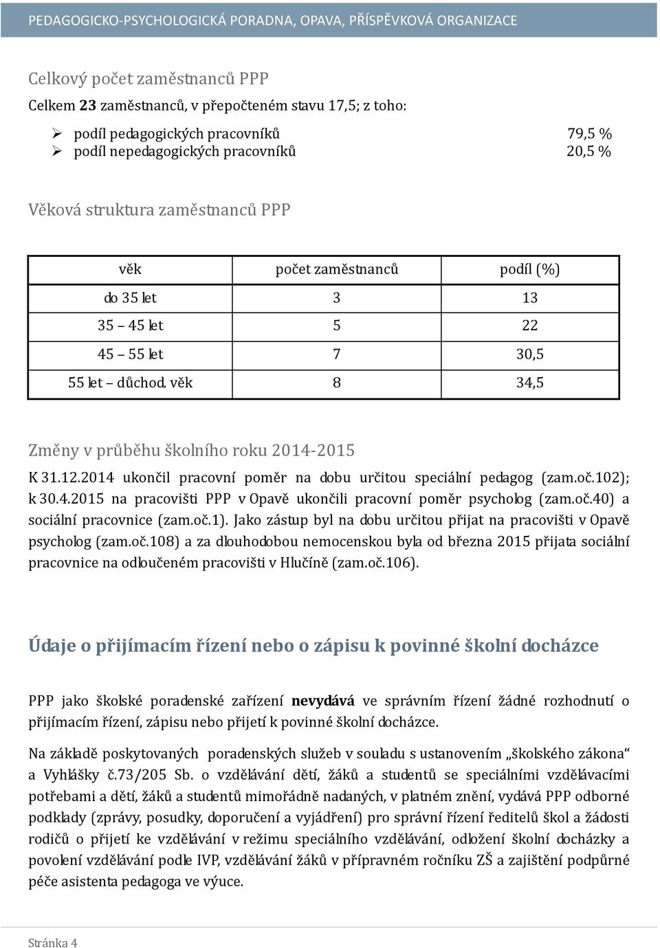 2014 ukončil pracovní poměr na dobu určitou speciální pedagog (zam.oč.102); k 30.4.2015 na pracovišti PPP v Opavě ukončili pracovní poměr psycholog (zam.oč.40) a sociální pracovnice (zam.oč.1).