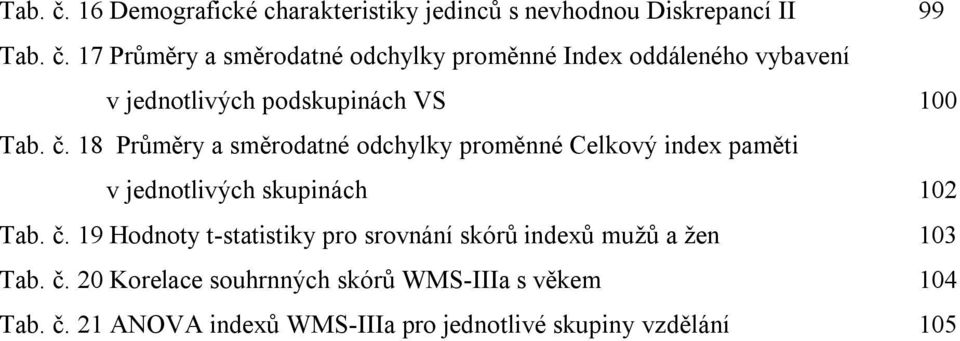 19 Hodnoty t-statistiky pro srovnání skórů indexů mužů a žen 103 Tab. č.