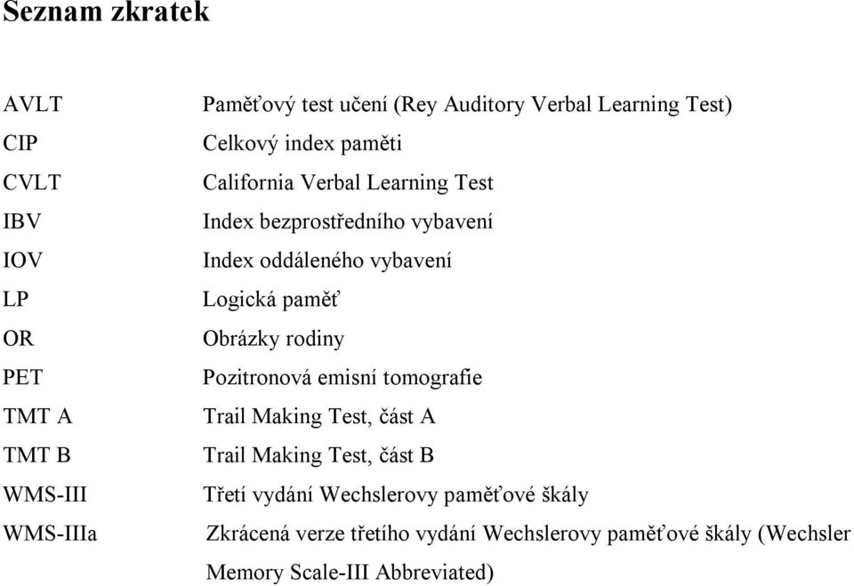 vybavení Logická paměť Obrázky rodiny Pozitronová emisní tomografie Trail Making Test, část A Trail Making Test, část B