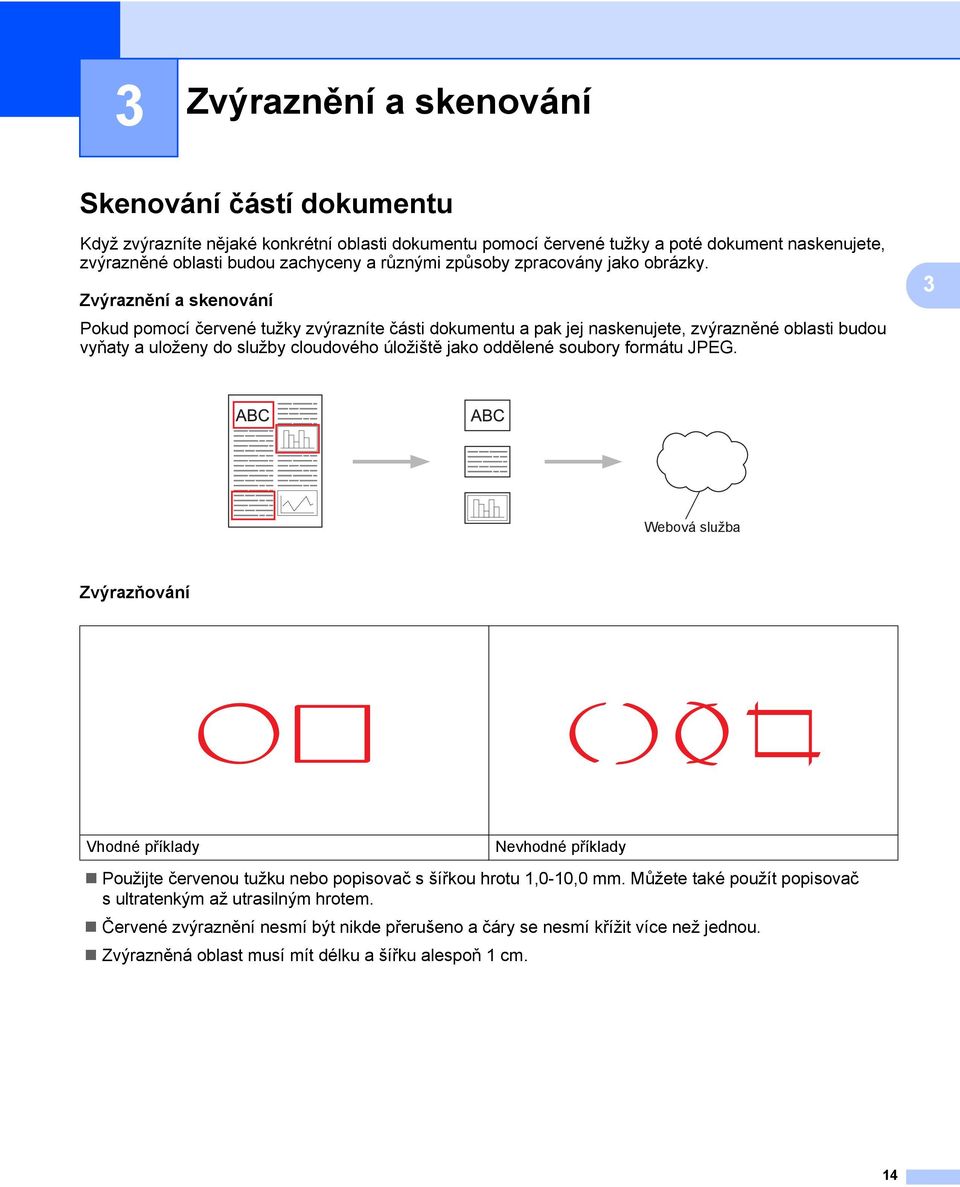 Zvýraznění a skenování 3 Pokud pomocí červené tužky zvýrazníte části dokumentu a pak jej naskenujete, zvýrazněné oblasti budou vyňaty a uloženy do služby cloudového úložiště jako oddělené