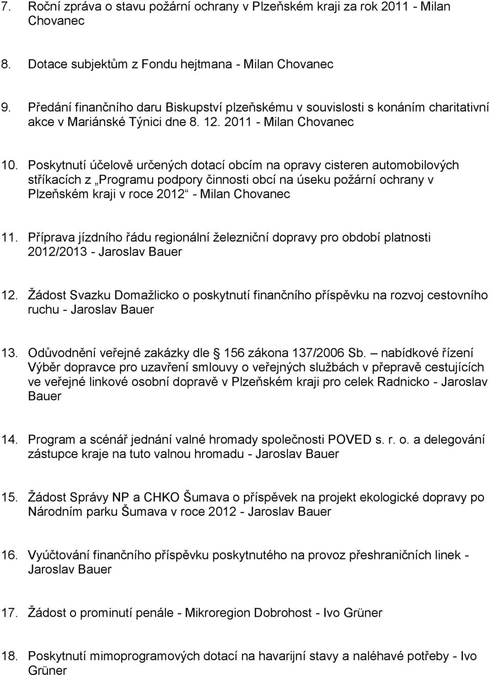 Poskytnutí účelově určených dotací obcím na opravy cisteren automobilových stříkacích z Programu podpory činnosti obcí na úseku požární ochrany v Plzeňském kraji v roce 2012 - Milan Chovanec 11.