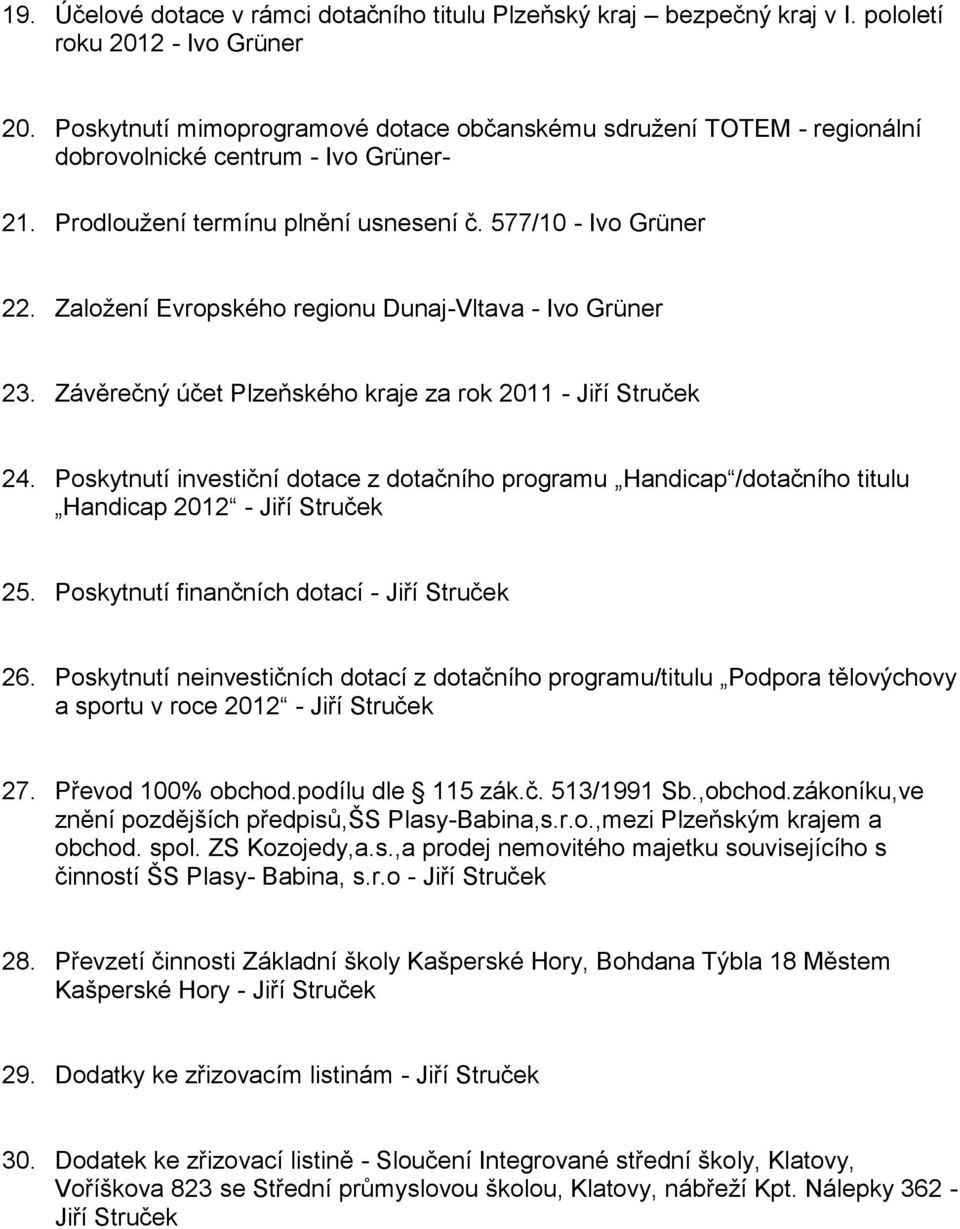 Založení Evropského regionu Dunaj-Vltava - Ivo Grüner 23. Závěrečný účet Plzeňského kraje za rok 2011 - Jiří Struček 24.