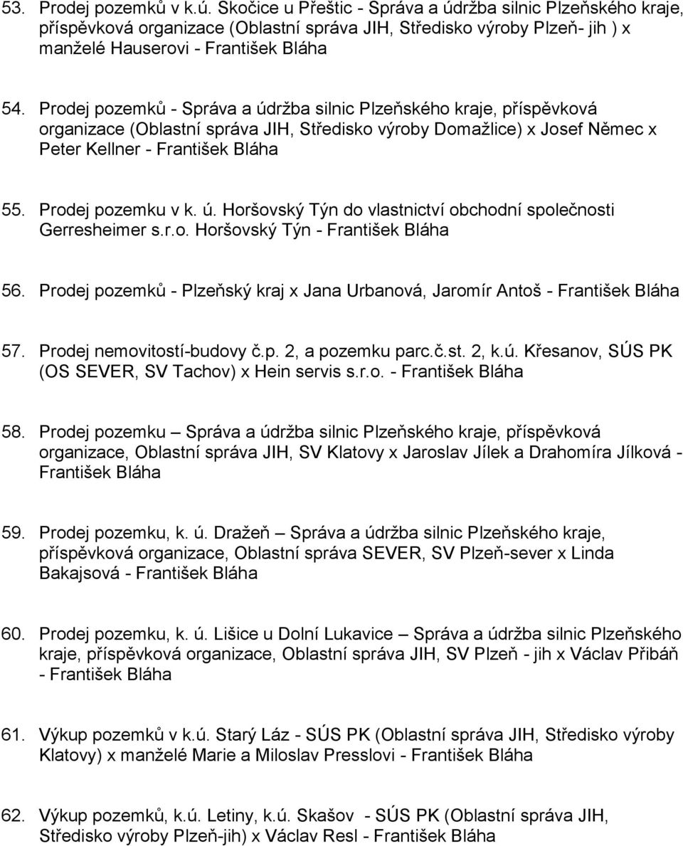 r.o. Horšovský Týn - 56. Prodej pozemků - Plzeňský kraj x Jana Urbanová, Jaromír Antoš - 57. Prodej nemovitostí-budovy č.p. 2, a pozemku parc.č.st. 2, k.ú.
