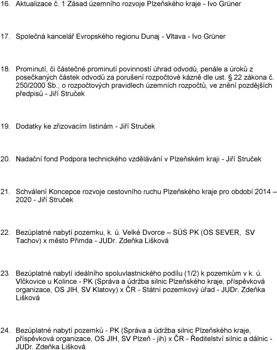 , o rozpočtových pravidlech územních rozpočtů, ve znění pozdějších předpisů - Jiří Struček 19. Dodatky ke zřizovacím listinám - Jiří Struček 20.