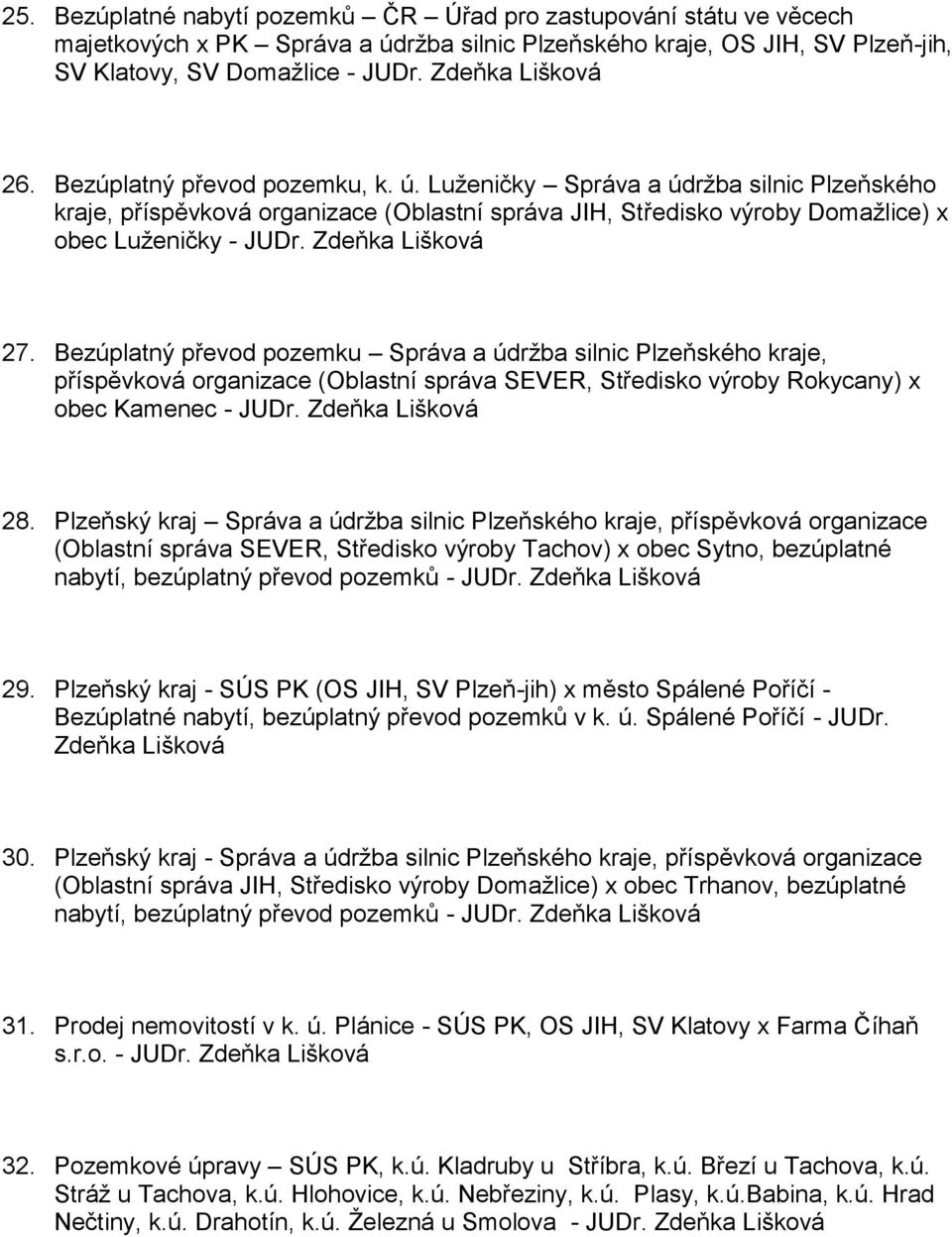 Zdeňka Lišková 27. Bezúplatný převod pozemku Správa a údržba silnic Plzeňského kraje, příspěvková organizace (Oblastní správa SEVER, Středisko výroby Rokycany) x obec Kamenec - JUDr.
