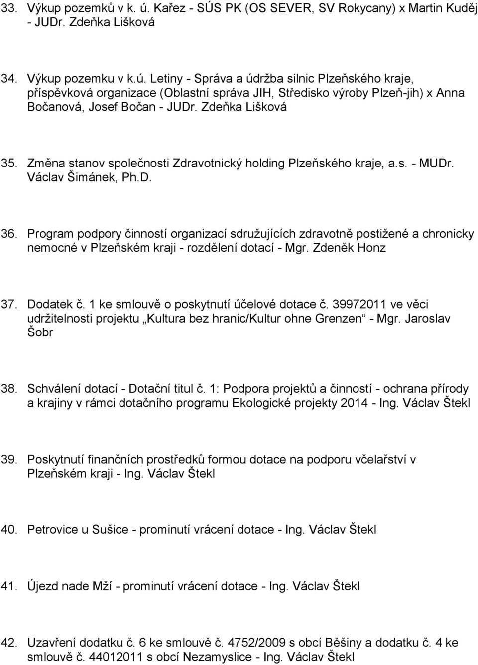 Program podpory činností organizací sdružujících zdravotně postižené a chronicky nemocné v Plzeňském kraji - rozdělení dotací - Mgr. Zdeněk Honz 37. Dodatek č.